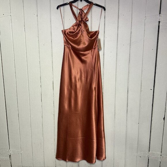 Birdy Grey Monica Size Medium Shiny Satin Terracotta Bridesmaids Maxi Dress NWT - Picture 3 of 12